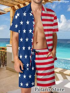 Agasalhos masculinos verão EUA camisas conjunto de roupas de bandeira americana para homens havaiano 2 peças roupa de praia roupas de férias estrelas e listras