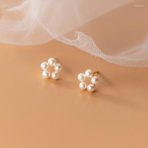 Stud Earrings 925 Sterling Silver Simple Small Tiny Shell Beads Synthetic Pearls Hollow Flower For Girl Lady Daughter Jewelr