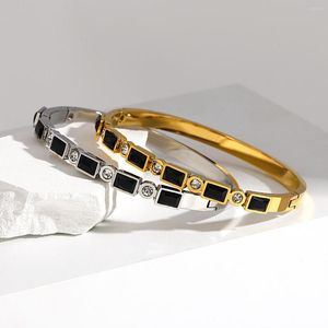 Pulseiras Link AENSOA Chic Grande Preto Quadrado Strass Zircão Pulseiras de Aço Inoxidável Para Mulheres Charme Jóias de Pulso À Prova D' Água