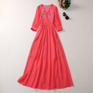 유럽 ​​및 미국 여성 드레스 2023 여름 뉴스 스타일 V- 넥 7 점 슬리브 무거운 구슬 패션 주름 드레스 xxl