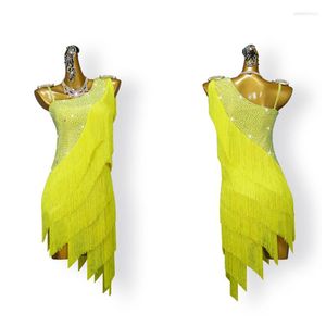 Bühnenkleidung, gelbes lateinamerikanisches Tanzkleid, sexy Damen- und Kinder-Wettbewerbskostüm, Hochleistungs-Diamant, benutzerdefinierter großer kurzer Rock