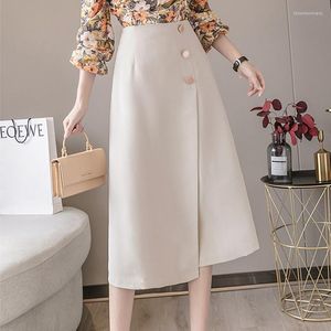 Юбки Beige Black Korean High Taiste Ap-Line Юбка Women 2023 Мода длинная бифуркатная пуговица офисная леди бизнес