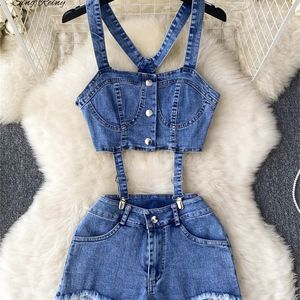 Pantaloni a due pezzi da donna SINGREINY Fashion Sexy Abiti in denim Bottoni Backless Mini Canotte Cinghie Super Short sweet Streetwear Pezzi Set 230712