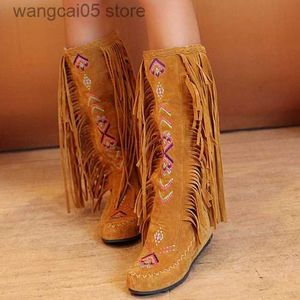 Stiefel ENMAYER Größe 34-43 Mode Chinesischen Nation Stil Flock Leder Frauen Fransen Flache Heels Lange Stiefel Frau Quaste kniehohe Stiefel T230713