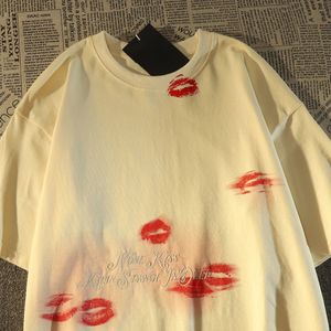 Damen-T-Shirt, kreative Marke, roter Lippendruck, solide T-Shirts, Unisex, Streetwear, Sommeroberteile, schicke Stickerei, modisches T-Shirt, koreanisch, lässig, kurzärmelig, 230712