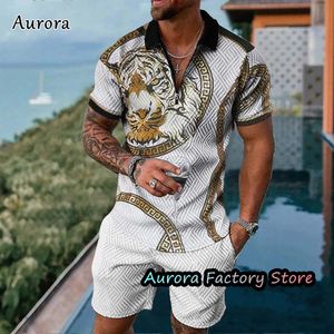 Herrspårar Summer Men's Luxury Polo Shirt Shorts Set Fashion Trend Tracksuit 2 Piece Vintage Tiger Print Set Men's Casual Clothing 230713