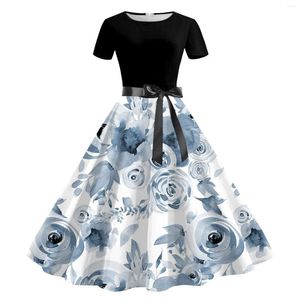 Sukienki na co dzień 2023 Summer Party Women 50S 60S Vintage Robe Swing elegancka sukienka z długim rękawem kwiatowy Print Vestidos