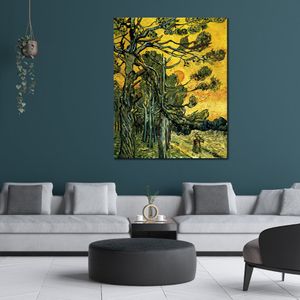 Canvas Art Pine Trees mot en röd himmel med att sätta Sun Vincent Van Gogh Oil Målning Handgjorda landskap Modernt sovrumsdekor