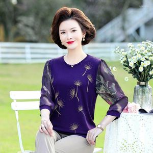 Women's Blouses Mom Elegant Mesh Top Women Chiffon Blouse 3/4 Sleeve Plus Size Female Clothing Loose Casual Tees Shirt Round Collar Pullover