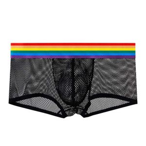 Cuecas Nova Sexy Men Rainbow Underwear Boxers Malha Respirável Hollow Out Shorts Cuecas Masculinas Lingerie Cuecas J230713