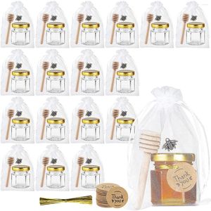 Aufbewahrungsflaschen, Mini-Sechseckglas-Honiggläser mit Holzlöffeln, Biene-Anhänger, Geschenktüte, Golddrehband und Anhänger, klein