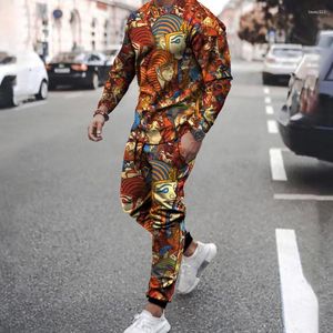 Herrspårsfall Casual Men Tracksuit T-shirt sätter mode 3D-tryck långärmad överdimensionerad tvådelar jogging sport outfit gym kostym streetwear