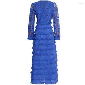 Casual Dresses Women Elegant Layered Maxi Dress Long Sleeve V Neck Hollow Out Tassels Tiered Holiday 2023