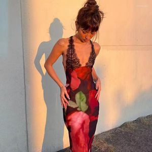 Lässige Kleider Stilvolle Dame Floral Bedrucktes Spitzenkleid 2023 Sommer Frauen Ärmelloses V-Ausschnitt Rückenfreies, figurbetontes Sexy Club Party Langes Maxikleid