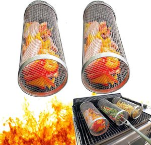 BBQ Tools Accessories Rolling Grilling Basket Greatest Ever Round Stainless Steel BBQ Grill Mesh Camping Barbecue Rack for Vegetable French Fries Fish 230712