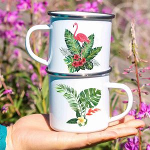 Mugs Tropical Plants Flamingo Print Enamel Cup Creative Coffee Cups Summer Camping Mugs Campfire Handle Mug Beach Vacation Mug Gifts R230713