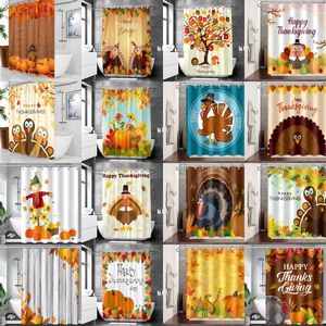 Thanksgiving Shower Curtain Fall Maple Leaves Pumpkins Sunflower and Turkey Shower Curtains for Bathroom Autumn Holiday Curtain with Hooks