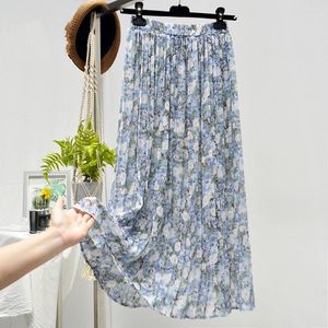 Saias Femininas Saia Plissada Floral Cintura Elástica Padrão Requintado Extra Suave Não Desbota Vestido Solto Vestido Estampado de Verão