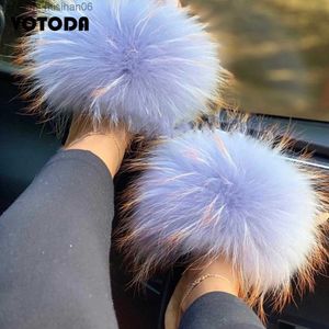 Slippers New fur slider Women's fluffy real fox fur slider Fury raccoon fur flap Comfortable indoor sandals Summer women's fur shoes Z230713