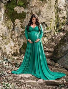 긴 꼬리 출산 드레스 사진 소품 V-Neck Maxi 가운 면화 복장 임신 여성 임신 가을 사진 촬영 옷 l230712
