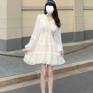 Casual Dresses SLPBELY Women 2023 Long-Sleeved Chiffon Ruffle Edge Lacing Sweet Temperament Thin Senior Sense Of Gentle Wind
