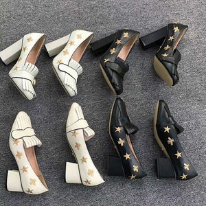 Designer Shoes Marmont Pumps Women's Embroidered Leather Mid Heel Pumps Bees and Stars Folded Tassel Detail Wedding Party Shoes US11 NO28