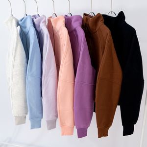 LL-LU Damen-Sweatshirt mit Fleece-Futter, halbem Reißverschluss, Pullover-Kragen, langärmelig, bauchfreies Oberteil, Pullover mit Daumenloch