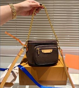 Tasarımcılar Mini Bumbag 18cm Kadın Kahverengi Tuval Zincir Çanta Göğüs Bel Çanta Lüks Gerçek Deri Cowhide Trims Çanta Omuz Kayışı Kutusu