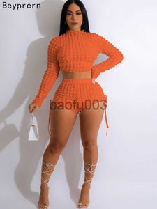 女子2ピースパンツBeyprern Elegant Open Back Pleated Crop Top and Bandage Shorts Two-Piece Set Fashon Long Sleeve Popcorn Tracksuits Sportwear J230713