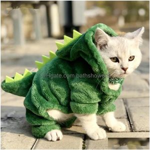 Abbigliamento per cani Vestiti per gatti Animali Divertenti Costumi di dinosauro Cappotto Inverno Caldo Panno in pile per piccoli gatti Gattino Felpa con cappuccio Cucciolo Xs-Xxl Drop Del Dhz7W