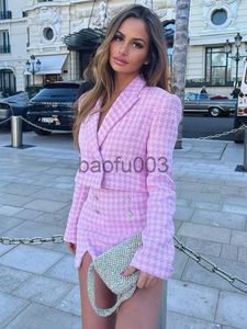 Womens Two Piece Pants Dome Cameras Shorts Sets Womens Outfits Elegant Houndstooth Tweed Set Cropped Blazer And High Waist Skort False Bejeweled Button 2 J230713