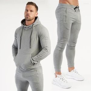 Träningsoveraller herr Vår Höst Bomull Modedräkter Streetwear Casual Pullover Huvtröja Toppar Blixtlåsfickor Slim Fit Byxor