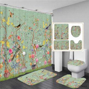 Shower Curtains Chinese style Flowers and Birds Waterproof Shower Curtain Set Toilet Cover Bath Non-Slip Mat Rug Carpet Bathroom Decor R230713