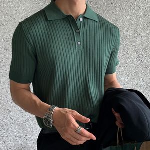 Men's Fashion Ribbed Polos Men Summer Casual Short Sleeve Button Lapel Tops Mens Clothes Leisure Solid Color Polo Shirt Streetwear 230712