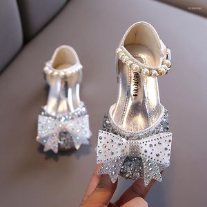 Flat Shoes Children Rhinestone Bowknot Crystal Princess Dress For Girls Kids Wedding Party Dance Performance Sandal Pink Silver