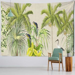 Tapisserier Rödkronad kran Retro Mural Tapestry Wall Hanging Bohemian Tropical Plant Tapiz Eesthetics Room Decor