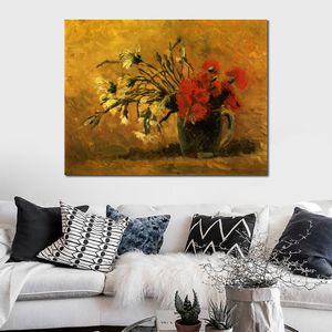 Handmade Vincent Van Gogh Oil Painting Vase with Red and White Carnations Modern Canvas Art Modern Landscape Living Room Decor