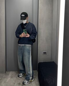 Mens Jeans tvättade för män blå byxor rak denim Löst fit randig baggy brett ben blossed streetwearqp9qqp9qqp9q