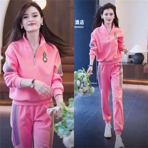 Kvinnors tvådelar byxor Leisure Sports Suit 2023 Autumn Korean Style Fashion Printing Loose Crop Tops 2 Set Tracksuit Women