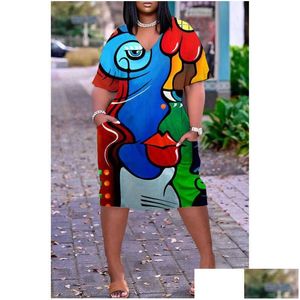 Vestidos casuais básicos mais grandes 3Xl 4Xl 5Xl Vestido feminino de grife 2023 verão feminino decote em V estampado em 3D solto relaxado manga curta Dhg8Y