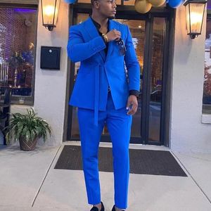 Ternos masculinos azul royal com seios duplos 2 peças com cinto noivos smoking casamento baile de formatura blazer traje fashion (jaqueta calça) ajuste fino