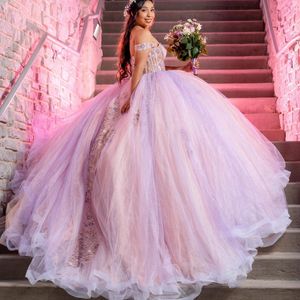 Light Pink Corset Princess Lace Appliques Beading Off The Shoulder Tull Quinceanera Dresses For Girls Ball Gown Sweet 16 Dresses