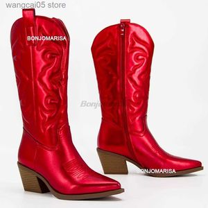 Botlar Metalik Kovboy Bot Kadın Kadınlar İçin Batı Botları 2022 Zip İşlemeli Ayak Ayak Parçası Topuklu Kış Ayakkabı Pembe Kırmızı Altın Metalik T230713