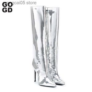 Botlar Gogd Kadın Seksi Gümüş Ayna Uyluk Yüksek Botlar T Gösteren Toe Club Parti Ayakkabıları 2022 Diz Üzerinde İnce Yüksek Topuklu T230713