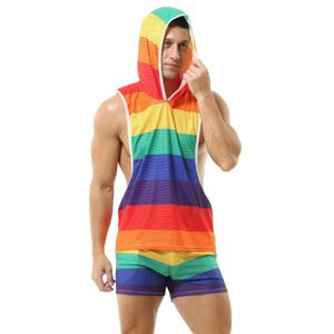 Herrtankstoppar 2023 Rainbow Hooded Mesh Breattable Sexy Vneck Vests Men Shorts Streetwear Tee Sports Fitness Singlets 230713