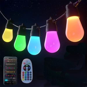 Dekoracje ogrodowe 49FT 15 żarówek Smart Patio String Light Kontrola aplikacji RGBW Outdoor S14 Fairy Globe Christmas Light Możliwość przyciemniania na wystrój podwórka 230712