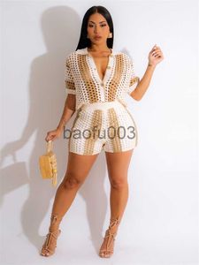 Womens Two Piece Pants Dome Cameras JRRY Sexy Women Knitted Set Turn Down Collar Buttons Top Pants Crochet Two Pieces Set Short Sleeves Crocheted Beach Pan J230713