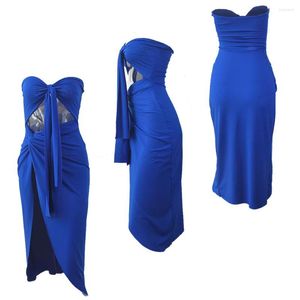 Vestidos Casuais Azul Royal Sem Mangas Sem Alças Feminino Elegante Vestido Longo com Fenda Confortável Mujer Costura Verão Sling Pescoço Sunbeach