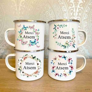 Кружки французский спасибо Atsem Print Emamel Mugs Creative Coffee Mug Drink Juice Milk Cups Школьная ручка для домашней ручки подарки для напитков R230713