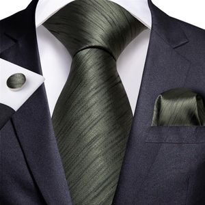 Silk Tie Set Dark Green Striped Men's Whole Classic Jacquard Woven Necktie Pocket Square Cufflinks Wedding Business N-722257T